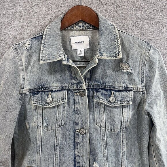 Old Navy Denim Jacket Women’s Medium Tall Distressed Light Wash Trucker Jean - Picture 3 of 13